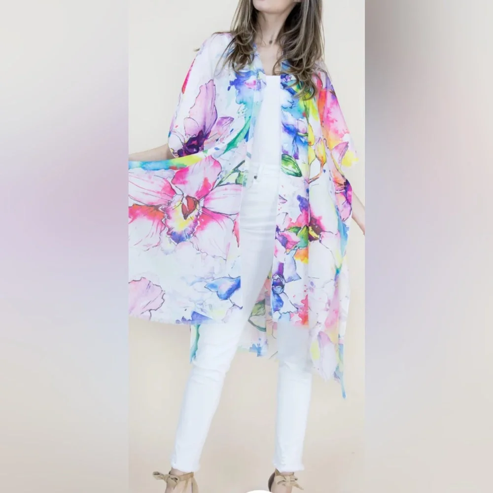 NWT Museum Art Ruana Rhuana Kimono Cover-Up OS “Watercolor Flowers” - Picture 8 of 10